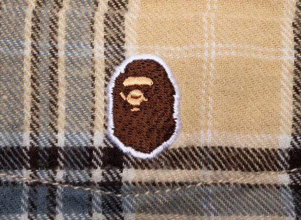 A Bathing Ape One Point Flannel Check Relaxed Fit Shirt in Beige For Discount