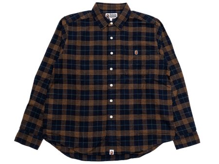 A Bathing Ape One Point Flannel Check Relaxed Fit Shirt in Navy Hot on Sale