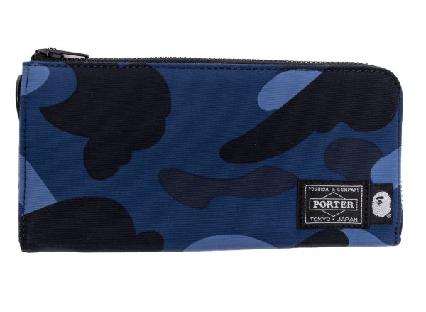 A Bathing Ape Porter Color Camo Long Wallet in Navy For Cheap