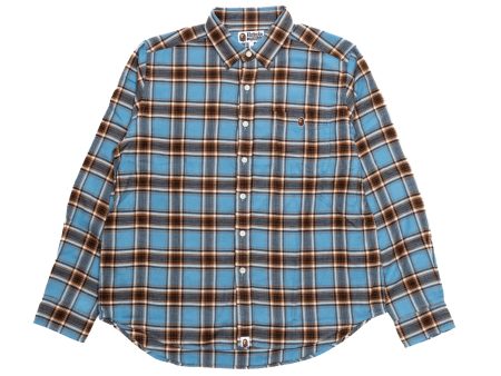 A Bathing Ape One Point Flannel Check Relaxed Fit Shirt in Sax For Discount