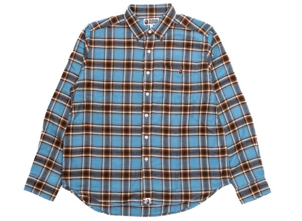 A Bathing Ape One Point Flannel Check Relaxed Fit Shirt in Sax For Discount